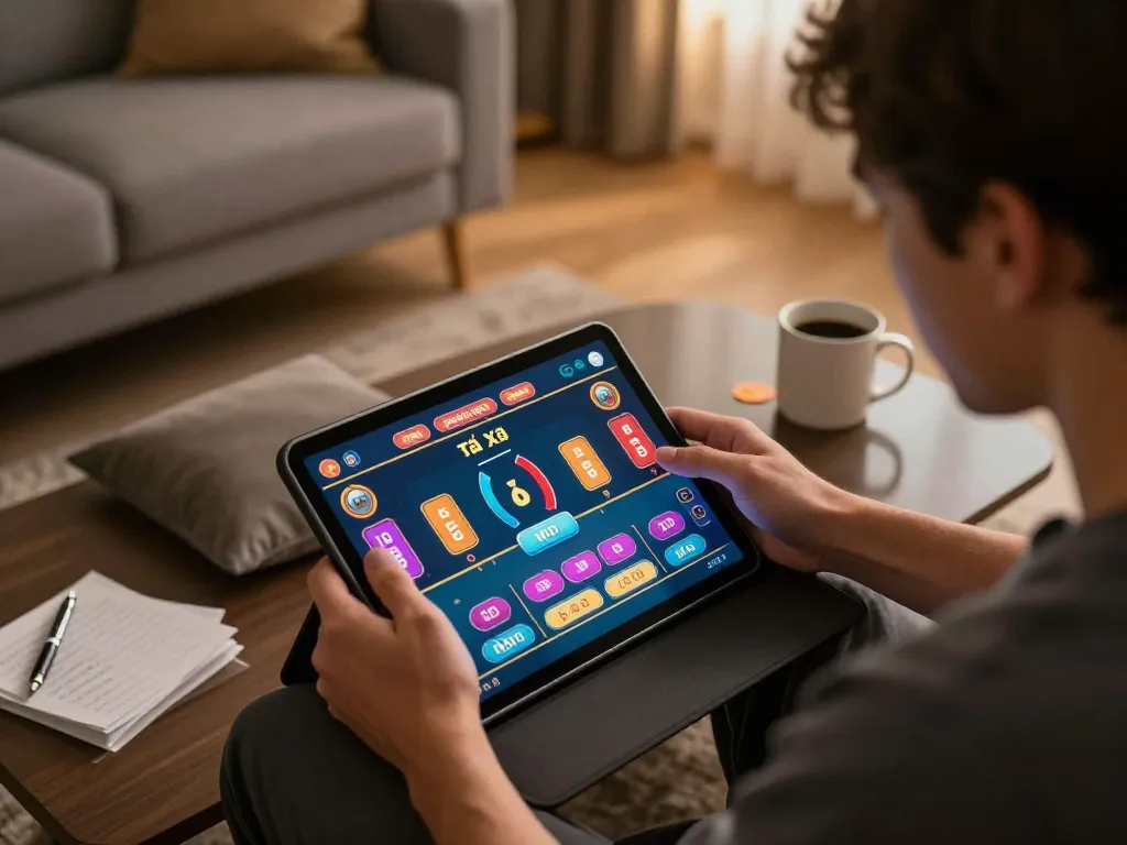 Playing tài xỉu md5 on a tablet in a warm, inviting home setting with strategic notes.