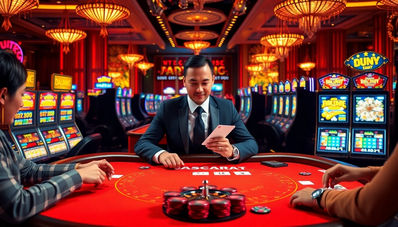 A breathtaking scene of live baccarat at https://f168.studio/ with elegant players and a confident dealer.