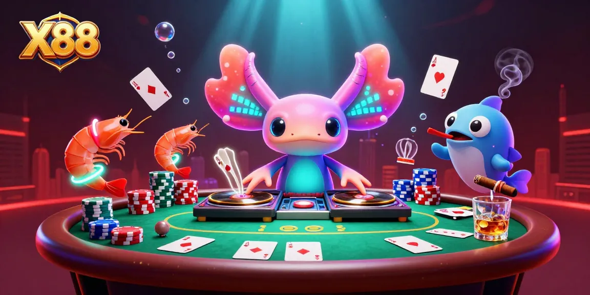 X88 gaming scene featuring a vibrant axolotl DJ and poker chips in a lively underwater casino setup.