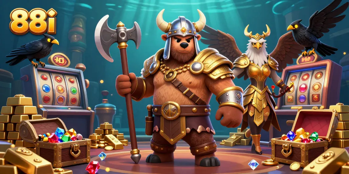 Engage with 88i in an exhilarating casino scene featuring a Viking bear, Valkyrie eagle, and slot reels.