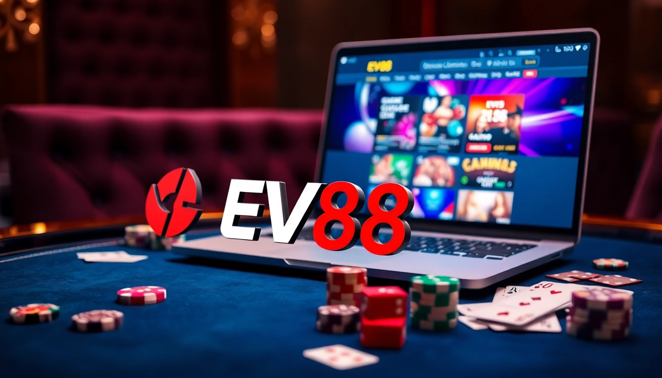 Engaging scene of EV88 online casino interface with poker chips and cards.