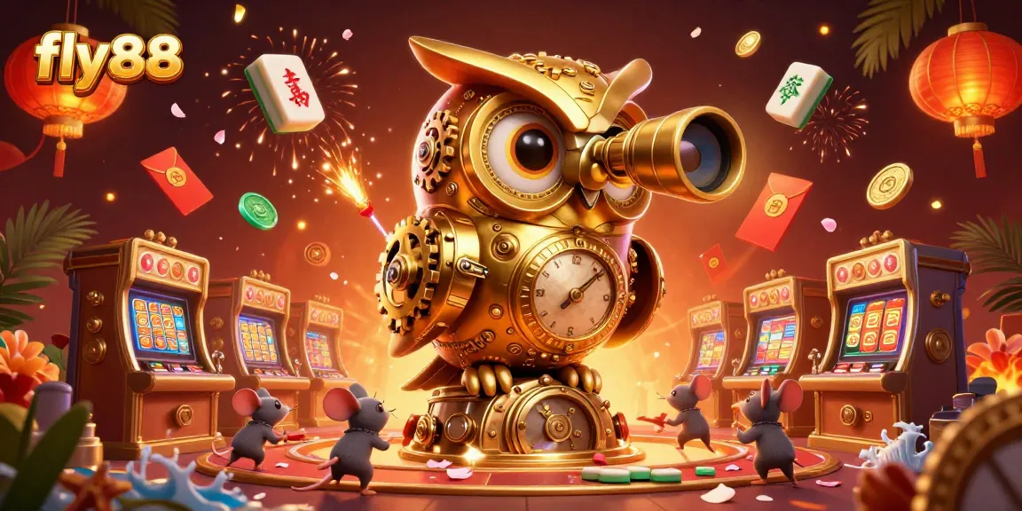 Engage with fly88 in an immersive casino experience featuring a golden owl, slot machines, and festive decorations.