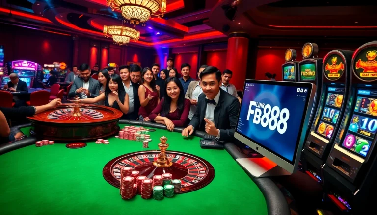 Engage with the exciting world of Link FB88, showcasing vibrant casino tables filled with poker chips and spinning roulette wheels.