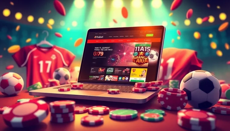 Engaging graphic showcasing thabet đăng nhập on a laptop amidst colorful casino elements.