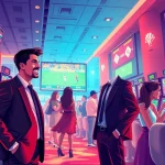 Excited patrons engaging in sports betting at a vibrant casino, highlighting the spirit of https://talkprep.org/ awareness.