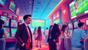 Excited patrons engaging in sports betting at a vibrant casino, highlighting the spirit of https://talkprep.org/ awareness.