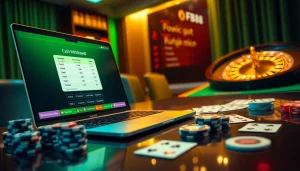 Rút Tiền FB88 process illustrated with poker chips and a laptop displaying funds withdrawal.