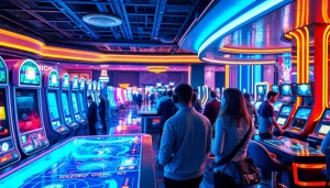 Patreons engaging with new technology in a futuristic casino setting.