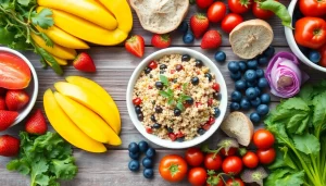 Showcase a vibrant healthy food spread featuring fresh fruits and vegetables.