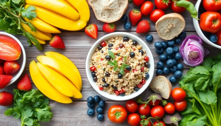 Showcase a vibrant healthy food spread featuring fresh fruits and vegetables.