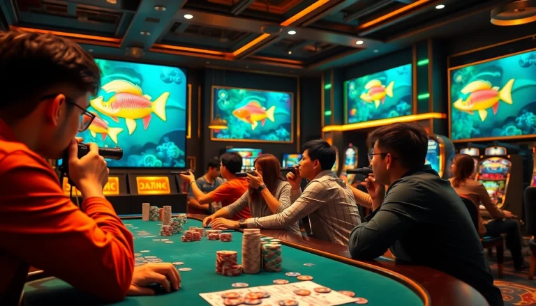 Exciting scene of bắn cá đổi thưởng with players aiming at colorful animated fish in a lively casino atmosphere.