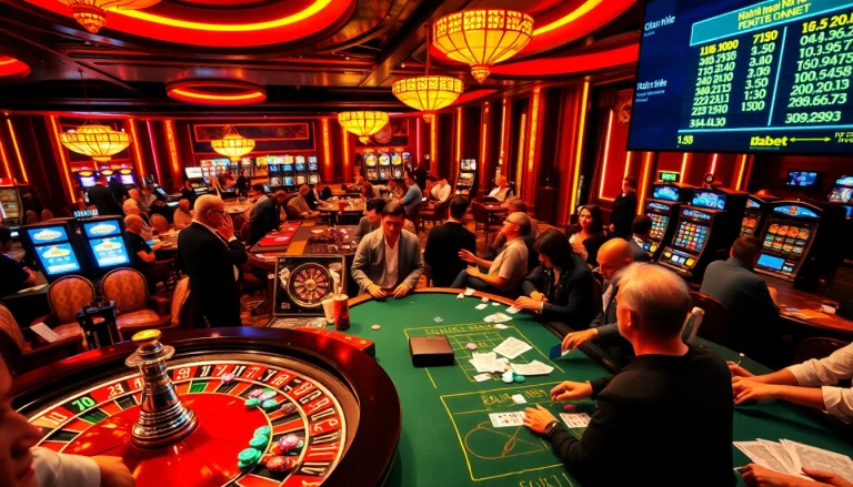 Experience the thrilling environment of nhà cái dabet with players at poker and roulette tables.