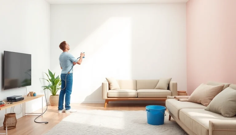Cleaner demonstrating effective wall cleaning techniques with fresh spray on a bright wall.