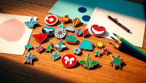 Showcase an array of custom pins with vibrant designs on a wooden surface, displaying their intricate details.