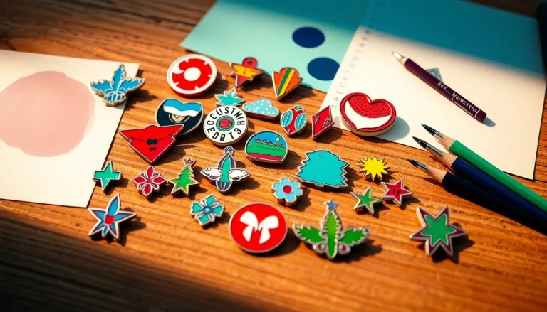Showcase an array of custom pins with vibrant designs on a wooden surface, displaying their intricate details.