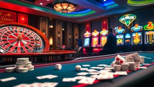 Dynamic casino scene with poker tables and slot machines showcasing KJC AC 2 gaming excitement.