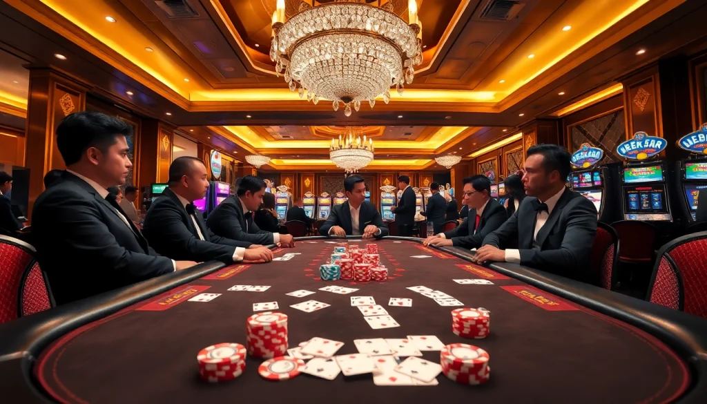 GG88 poker table featuring vibrant cards, chips, and luxury decor in a lively casino setting.
