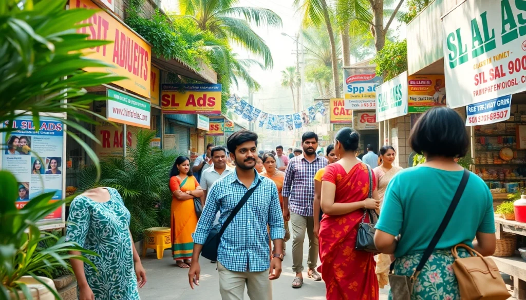 Engaging scene of SL Ads in a vibrant Sri Lankan marketplace with diverse individuals interacting.