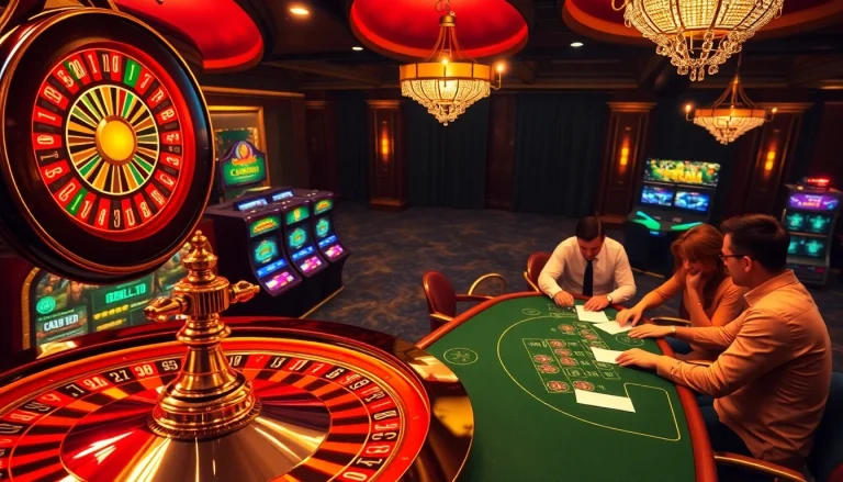 Active gamblers placing bets at a luxurious casino, inspired by https://king88b.us.com/ sporting vibrant roulette and slot machines.