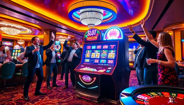 Players cheering at a Slot Gacor machine, celebrating wins in a vibrant casino atmosphere.