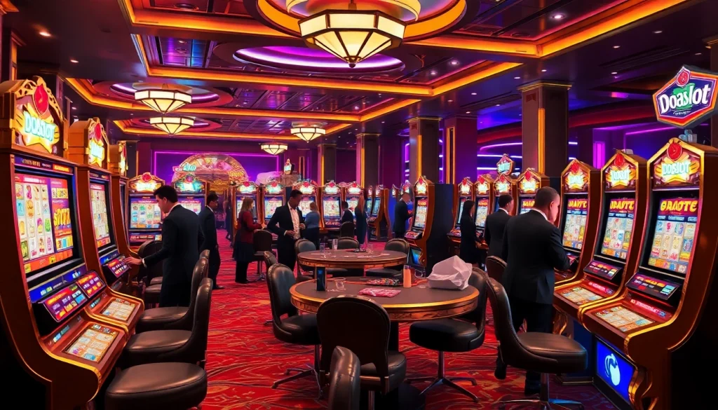 Excited players enjoy the vibrant doaslot slot machines in a luxurious casino setting.