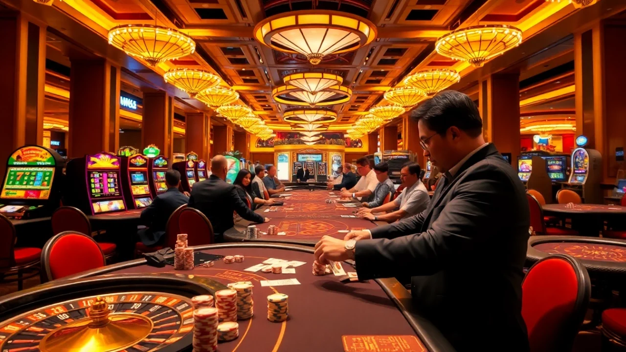 Excited players at MM88 casino tables enjoying poker and blackjack in a vibrant atmosphere.