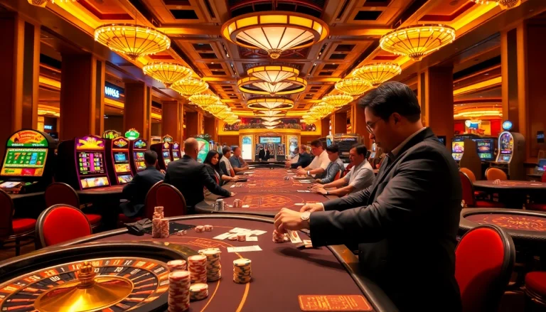 Excited players at MM88 casino tables enjoying poker and blackjack in a vibrant atmosphere.