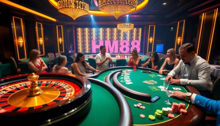 Players enjoying poker and roulette at HM88 casino, showcasing luxury and excitement.