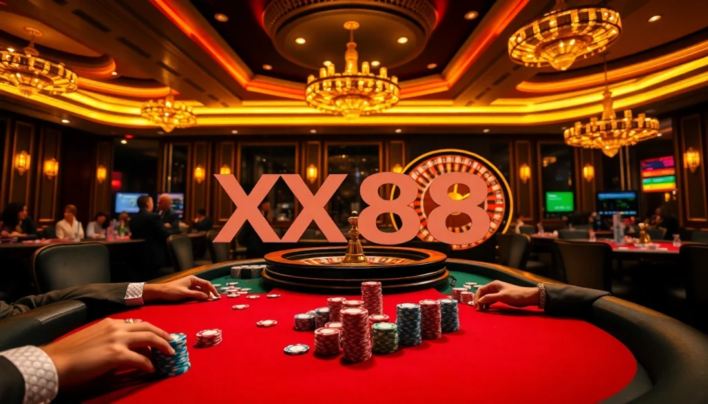 Experience the thrill of gambling at XX88's luxurious casino setting with a high-stakes poker table and colorful chips.