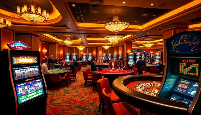 Experience KJC's thrilling casino environment with players engaged in blackjack and exciting slot machines.