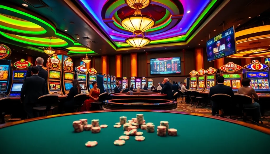 Spin the reels at Slot Online Terpercaya, featuring vibrant casino scenes with players and tables.