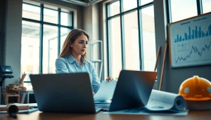 Biuro rachunkowe dla firmy budowlanej prezentujące profesjonalnego księgowego wspierającego klienta z branży budowlanej w nowoczesnym biurze.