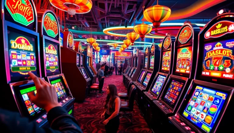 Excited players enjoying the doaslot slot game on a vibrant casino floor filled with colorful slot machines.