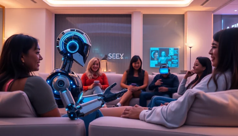 Engaging scene of diverse people interacting with AI chatbot, showcasing sex ai technology in a modern lounge.