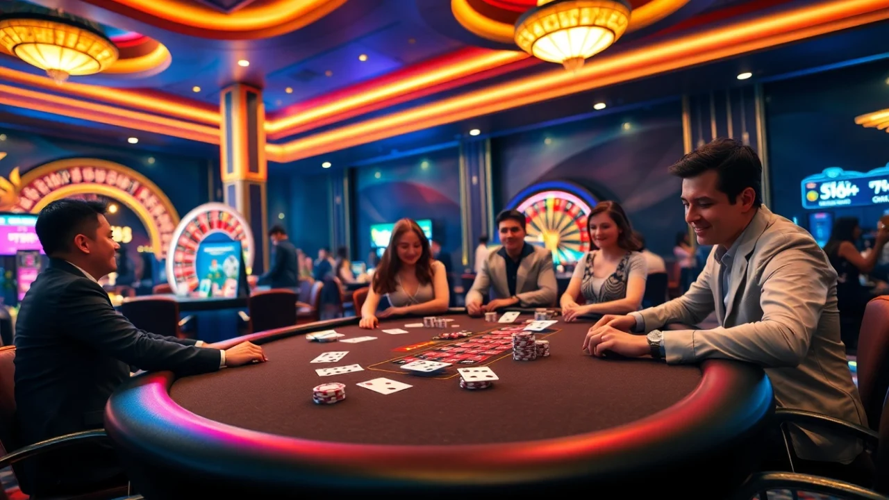 Experience the thrill of gambling with Link vào F168, featuring a glamorous casino scene filled with excited players and colorful betting tables.