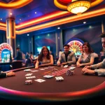 Experience the thrill of gambling with Link vào F168, featuring a glamorous casino scene filled with excited players and colorful betting tables.