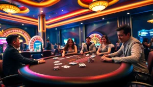 Experience the thrill of gambling with Link vào F168, featuring a glamorous casino scene filled with excited players and colorful betting tables.