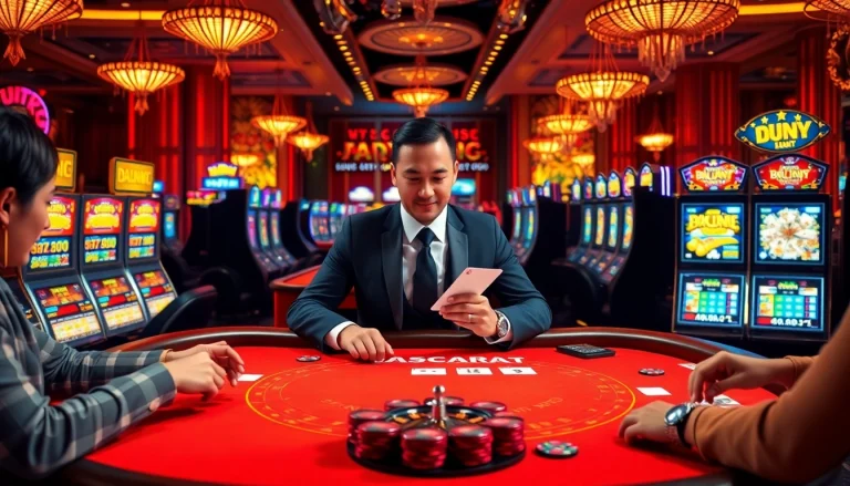 A breathtaking scene of live baccarat at https://f168.studio/ with elegant players and a confident dealer.