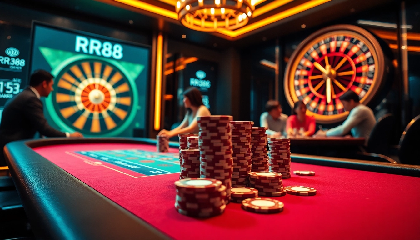 Intense game at RR88 casino table with poker chips and roulette wheel in action.