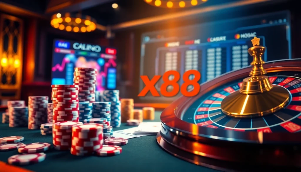 Experience exciting casino gameplay with xx88, featuring vibrant poker chips and elegant cards in a luxurious setting.