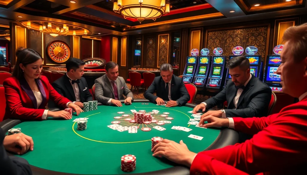 Engage with the vibrant action at Trang Chủ BJ88 featuring an elegant poker game and dynamic casino atmosphere.