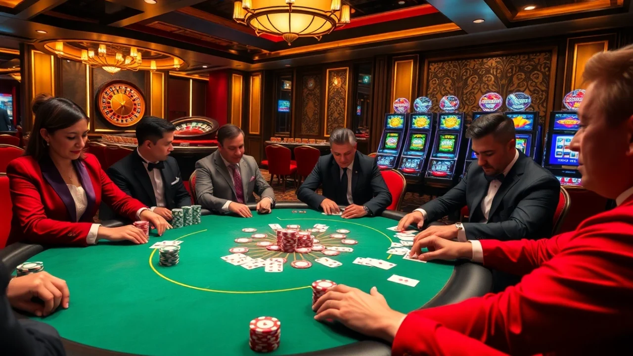 Engage with the vibrant action at Trang Chủ BJ88 featuring an elegant poker game and dynamic casino atmosphere.