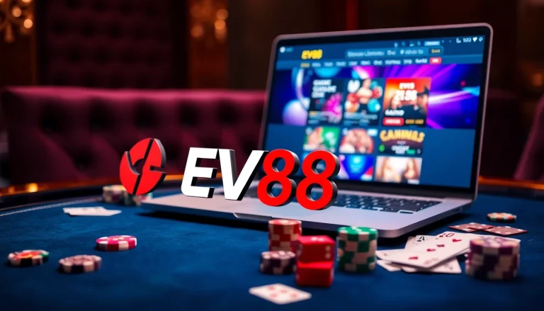 Engaging scene of EV88 online casino interface with poker chips and cards.