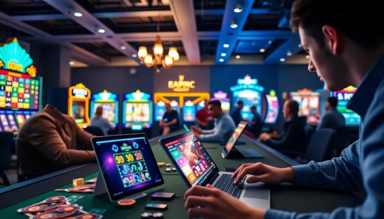 Experience dynamic online gaming at https://mm88.agency/ with engaging visuals of digital slots and casino action.