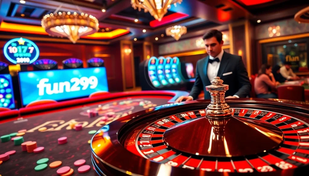 Engage in thrilling games at nhà cái fun79 with colorful chips and an exciting roulette wheel.