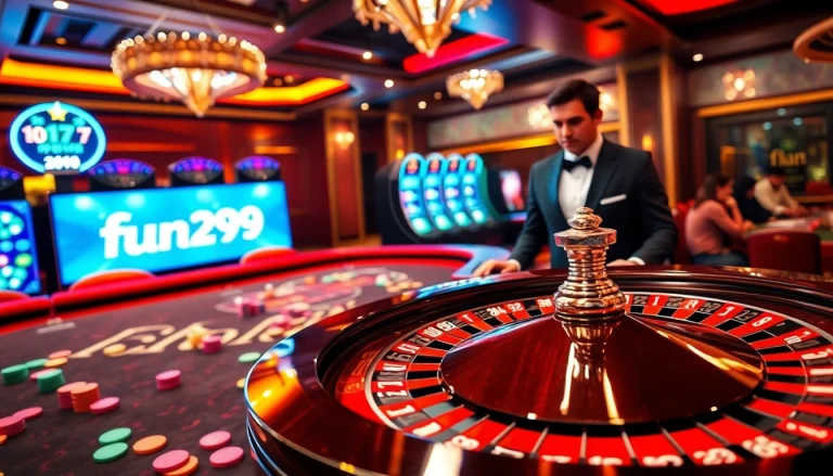 Engage in thrilling games at nhà cái fun79 with colorful chips and an exciting roulette wheel.