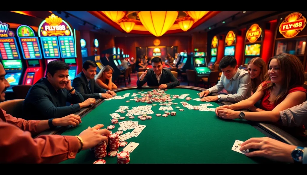 Players enjoying a thrilling game at FLY88 casino, showcasing vibrant slot machines and poker excitement.