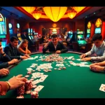 Players enjoying a thrilling game at FLY88 casino, showcasing vibrant slot machines and poker excitement.