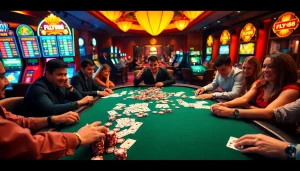 Players enjoying a thrilling game at FLY88 casino, showcasing vibrant slot machines and poker excitement.