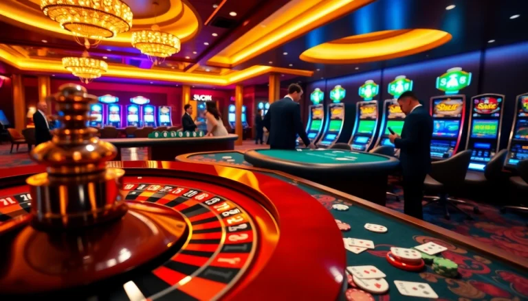 Exciting gameplay at SV88 casino featuring poker tables, roulette wheels, and vibrant slot machines.